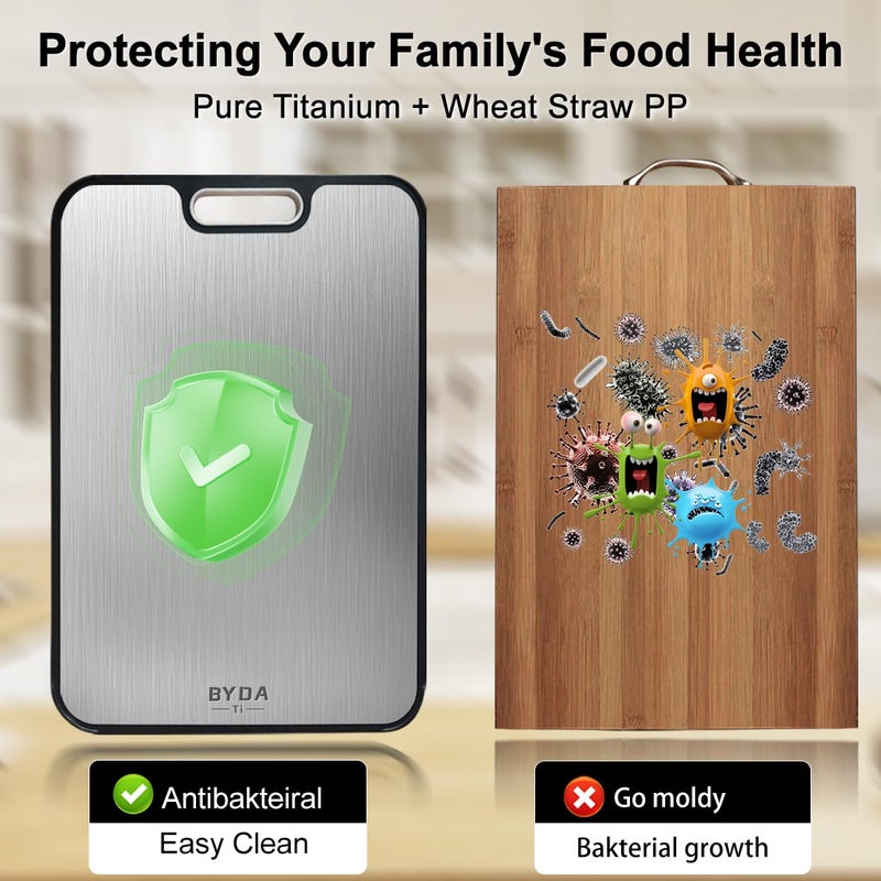BYDA Titanium Cutting Board for Kitchen,Double Sided FoodGrade,Pure Titanium&Wheat Straw PP,Non-Toxic,Non-Slip,Dishwasher Safe,Ideal for Meat,Vegetables,Fruit - Image 3