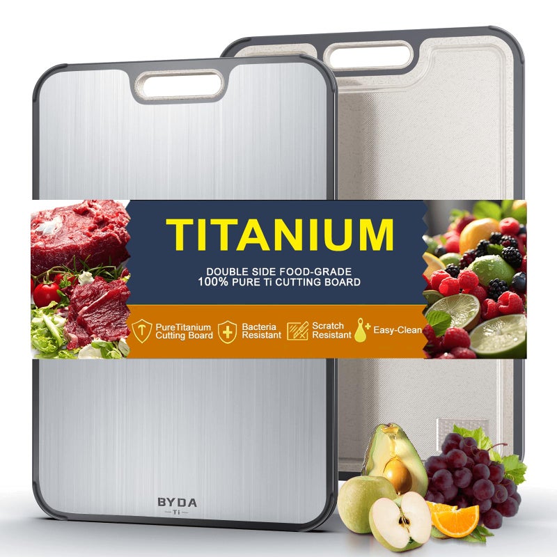 BYDA Titanium Cutting Board for Kitchen,Double Sided FoodGrade,Pure Titanium&Wheat Straw PP,Non-Toxic,Non-Slip,Dishwasher Safe,Ideal for Meat,Vegetables,Fruit - Image 1