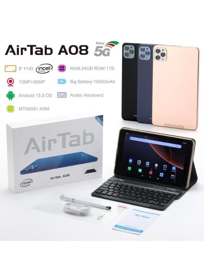 AIR TAB The A08 Android tablet features an 8-inch screen, 24GB of RAM, 1TB of storage, an octa-core processor, a stylus and keyboard included, and a long-lasting battery – a compact device for productivity and entertainment. Available in multiple colors. - Image 1