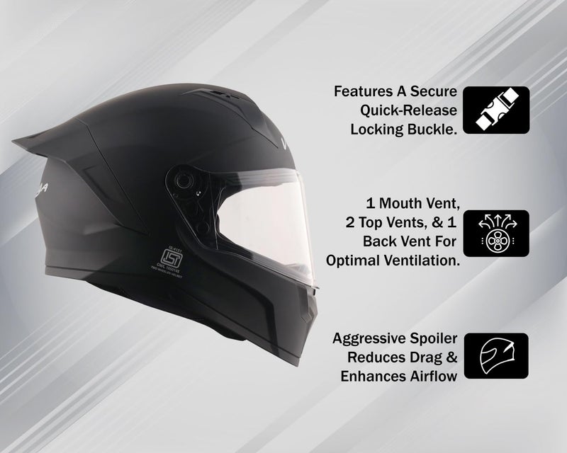 Vega Sonic Solid Full Face Riding Helmet with Matte Shell, Shock Absorbing Liner, Comfortable Interior, Lightweight Build, Ventilated Fit, and Modern Dull Black Styling Dull Black-M - Image 5