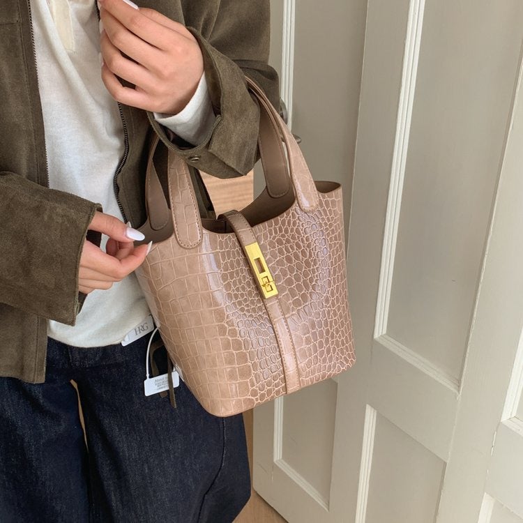 Fashion Crocodile Pattern Bucket Bag, Vintage Handbag for Women - Image 1