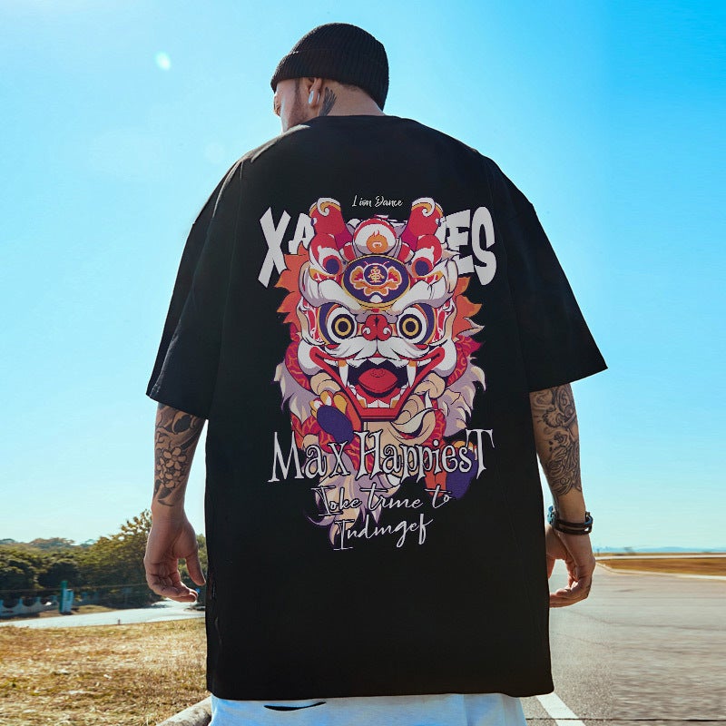 Fashion brand short sleeve mens European and American plus plus size loose oversize summer new five-quarter sleeve couples T-shirt men 2050 open smile lion-Black - Image 1