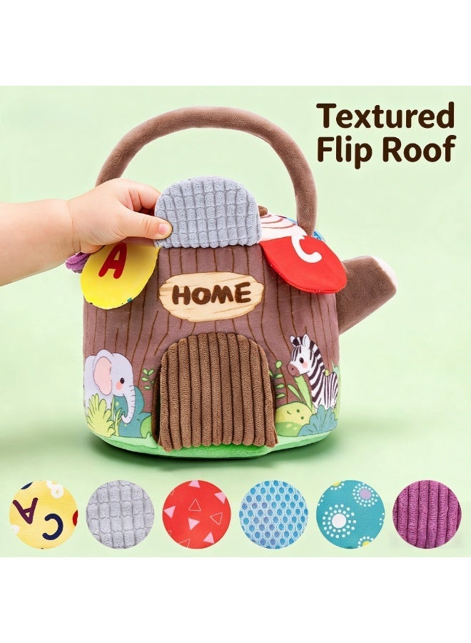 AIPINQI Forest Treehouse Sensory Plush Play Set, Multi Texture Flip Roof Educational Toy with 5 Wild Animal Dolls, Hidden ABC Letters & Numbers, Mirror Fine Motor Training Gift for Toddlers 0-3 Years Old - Image 4