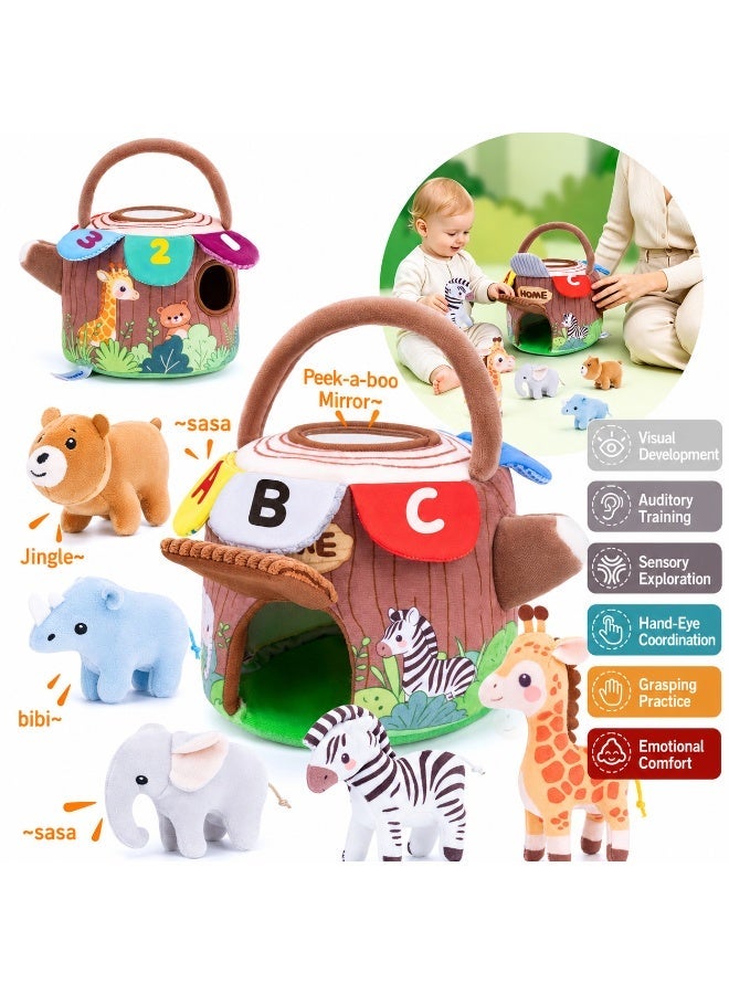AIPINQI Forest Treehouse Sensory Plush Play Set, Multi Texture Flip Roof Educational Toy with 5 Wild Animal Dolls, Hidden ABC Letters & Numbers, Mirror Fine Motor Training Gift for Toddlers 0-3 Years Old - Image 1