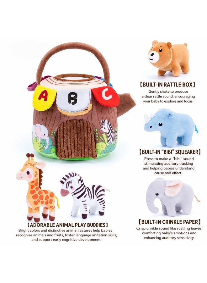 AIPINQI Forest Treehouse Sensory Plush Play Set, Multi Texture Flip Roof Educational Toy with 5 Wild Animal Dolls, Hidden ABC Letters & Numbers, Mirror Fine Motor Training Gift for Toddlers 0-3 Years Old - Image 2