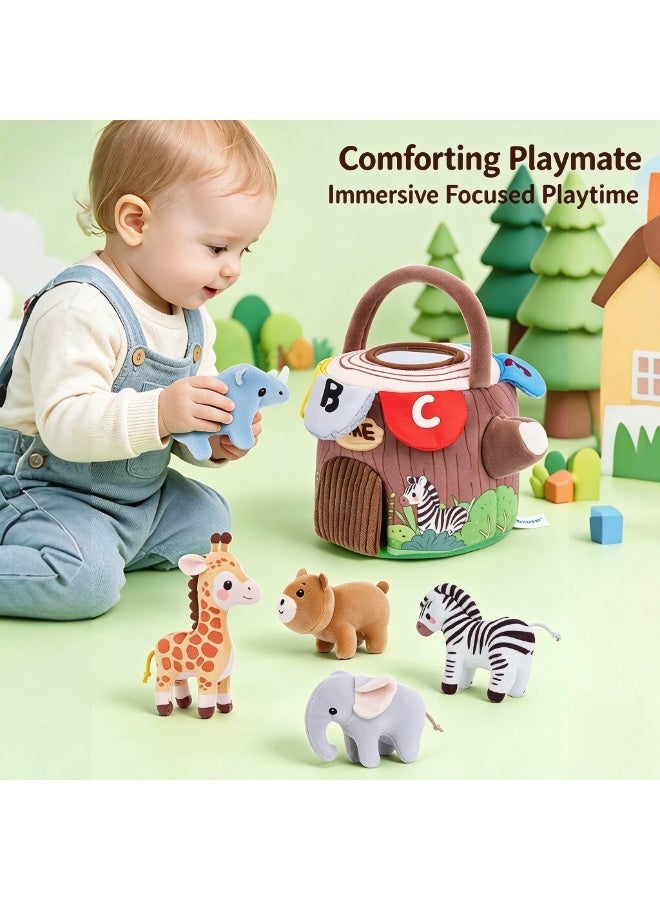 AIPINQI Forest Treehouse Sensory Plush Play Set, Multi Texture Flip Roof Educational Toy with 5 Wild Animal Dolls, Hidden ABC Letters & Numbers, Mirror Fine Motor Training Gift for Toddlers 0-3 Years Old - Image 5