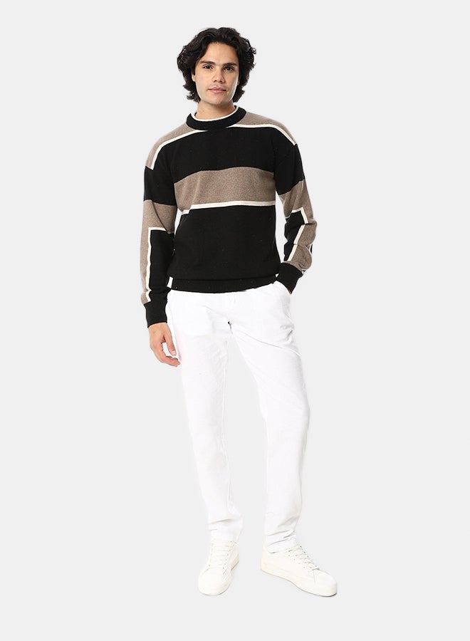 Andora Knitted Long Sleeves Round Collar Strpped Pullover _ Black, Beige & Brown - Image 5