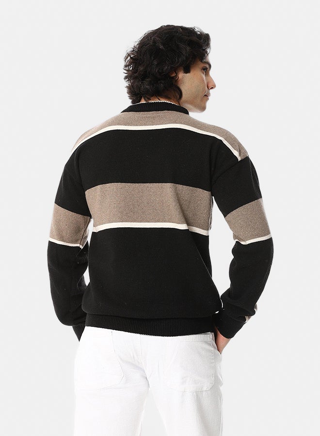 Andora Knitted Long Sleeves Round Collar Strpped Pullover _ Black, Beige & Brown - Image 3