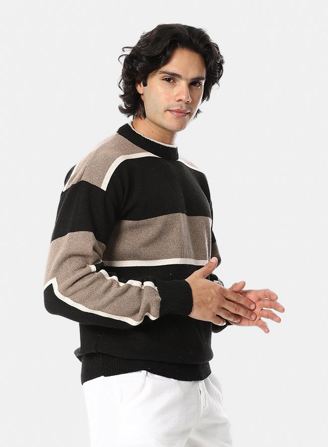 Andora Knitted Long Sleeves Round Collar Strpped Pullover _ Black, Beige & Brown - Image 2
