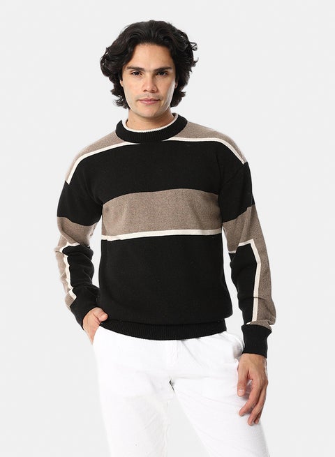 Knitted Long Sleeves Round Collar Strpped Pullover _ Black, Beige & Brown