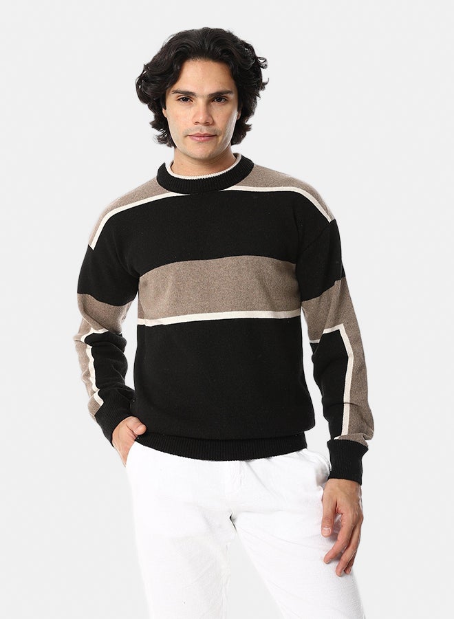 Andora Knitted Long Sleeves Round Collar Strpped Pullover _ Black, Beige & Brown - Image 1