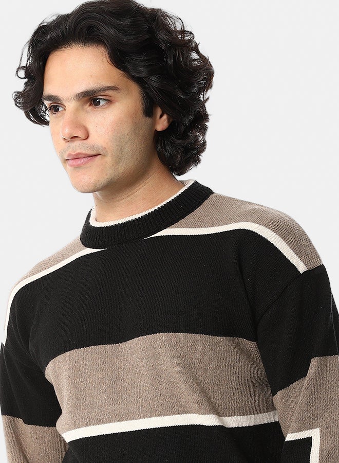 Andora Knitted Long Sleeves Round Collar Strpped Pullover _ Black, Beige & Brown - Image 4