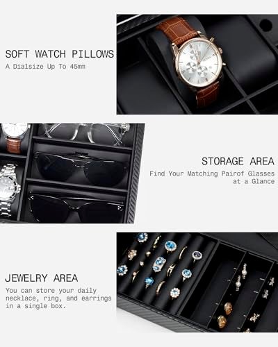 GUKA Watch box, 6 Slot Watch Case, 3 Slot Sunglass Organizer, Watch Cases for men with Real Glass Lid, Watch Organizer storage with Jewelry Case, Birthday for Men and Women, Black - Image 5