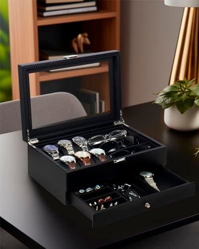 GUKA Watch box, 6 Slot Watch Case, 3 Slot Sunglass Organizer, Watch Cases for men with Real Glass Lid, Watch Organizer storage with Jewelry Case, Birthday for Men and Women, Black - Image 3