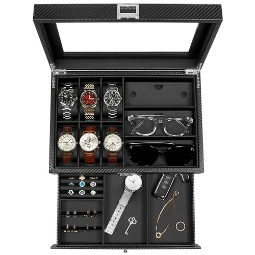 GUKA Watch box, 6 Slot Watch Case, 3 Slot Sunglass Organizer, Watch Cases for men with Real Glass Lid, Watch Organizer storage with Jewelry Case, Birthday for Men and Women, Black - Image 1