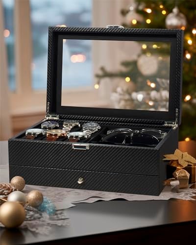 GUKA Watch box, 6 Slot Watch Case, 3 Slot Sunglass Organizer, Watch Cases for men with Real Glass Lid, Watch Organizer storage with Jewelry Case, Birthday for Men and Women, Black - Image 2
