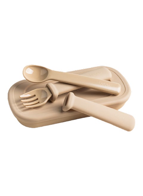 Multi Stage PPSU Fork And Spoon With Case Taupe Removable Silicone Grip Durable And Travel-Friendly