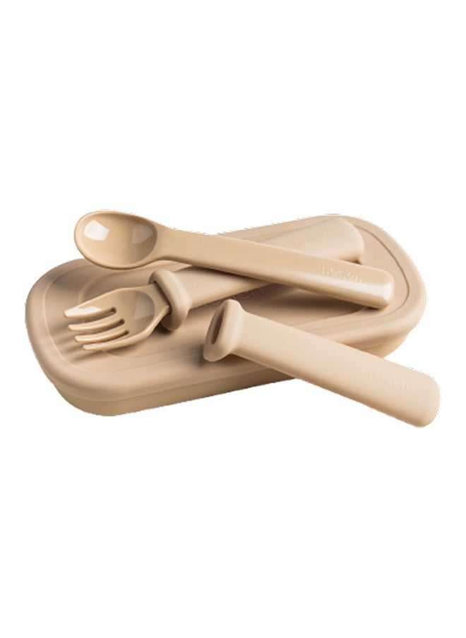 hegen Multi Stage PPSU Fork And Spoon With Case Taupe Removable Silicone Grip Durable And Travel-Friendly  - Image 1
