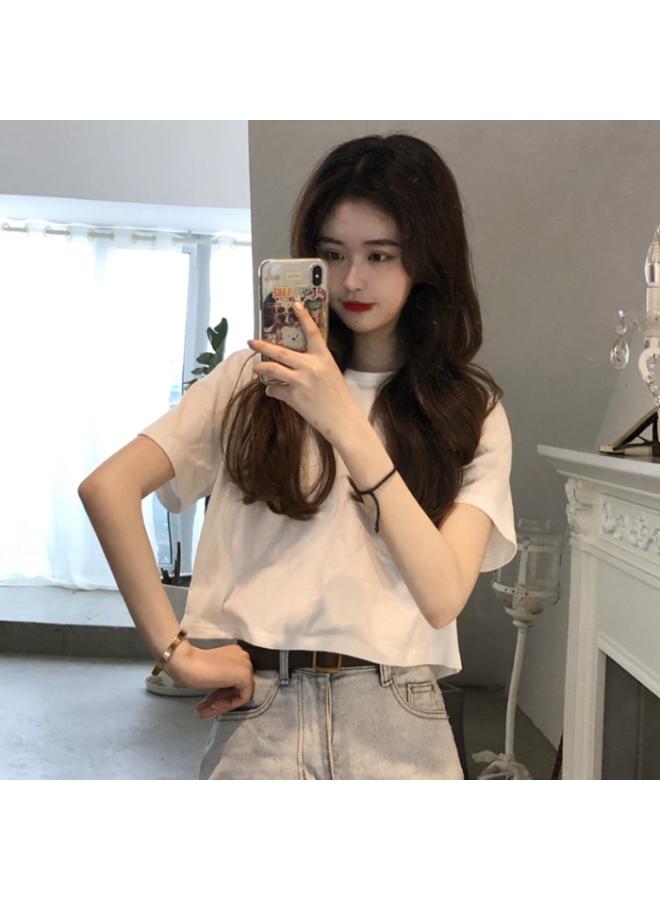 Song Feng Ya European Korean Style Cotton Navel Short Sleeve New Slim Look Tall Short Sleeve Top Women's Summer Design Sense T-shirt 