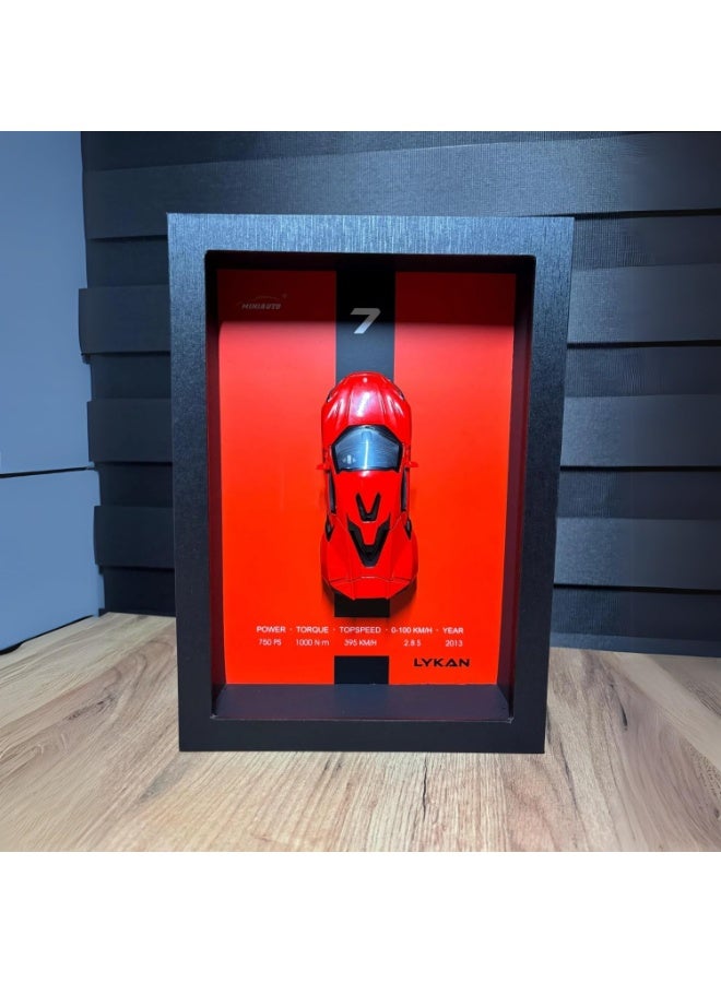 لوحة حائط بإطار لمجسم سيارة معدنية، عرض خشبي ثلاثي الأبعاد مع إضاءة LED، حركة سحب للخلف، أبواب قابلة للفتح، 31.5×22.5×7 سم، مجموعة سيارات لايكان الخارقة – أسباير بوكس - Image 4