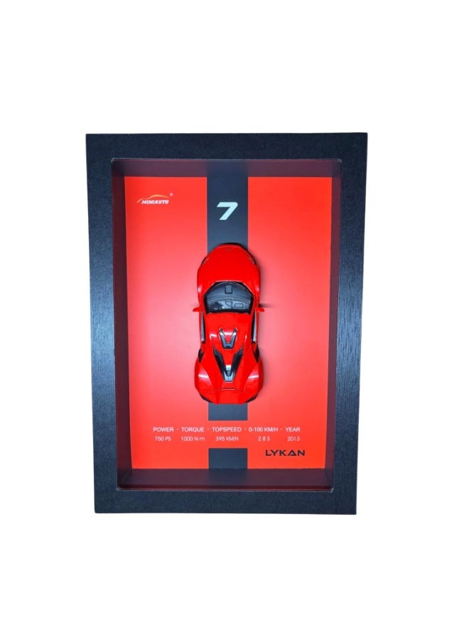 لوحة حائط بإطار لمجسم سيارة معدنية، عرض خشبي ثلاثي الأبعاد مع إضاءة LED، حركة سحب للخلف، أبواب قابلة للفتح، 31.5×22.5×7 سم، مجموعة سيارات لايكان الخارقة – أسباير بوكس - Image 2