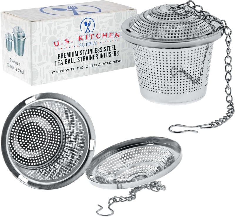 U.S. Kitchen Supply - 2 Premium Stainless Steel Tea Ball Strainer Infusers - 2" Size with Micro Perforated Mesh - Steep Loose Leaf Tea, Herbal, Spices & Seasonings - Teapot, Tea & Coffee Cup Mug - Image 1