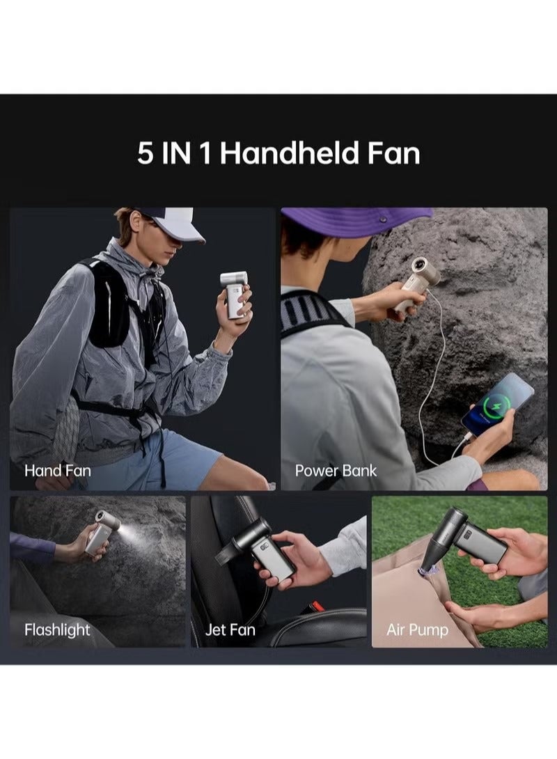JISULIFE JISULIFE Portable Handheld Fan Ultra2, 9000mAh Max 25 Hrs, 5 IN 1, 100 Speed Turbo Fan Rechargeable 18W Power Bank with Flashlight, Metal Shell Multi-Function Travel Essentials Gifts for Men,Women-Grey - Image 2