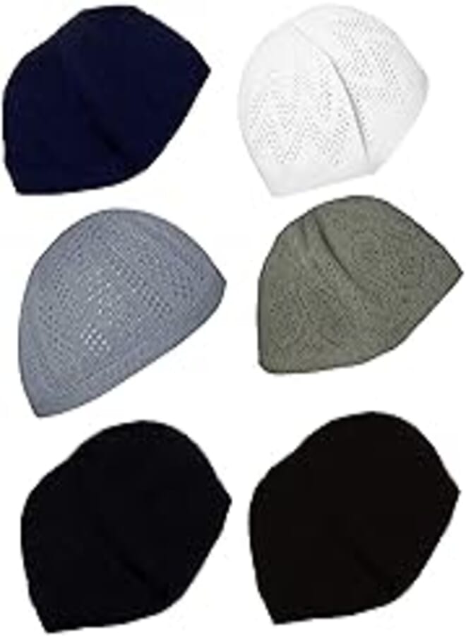 bonballoon Wholesale Kufi Lot of 6 Pcs Colors Muslim Koofi Kofi Hat Topi Cotton Turkish Skull Cap Islamic Muslim Islam Prayer Takke Knit Style Helmet Liner Hats Caps for Men