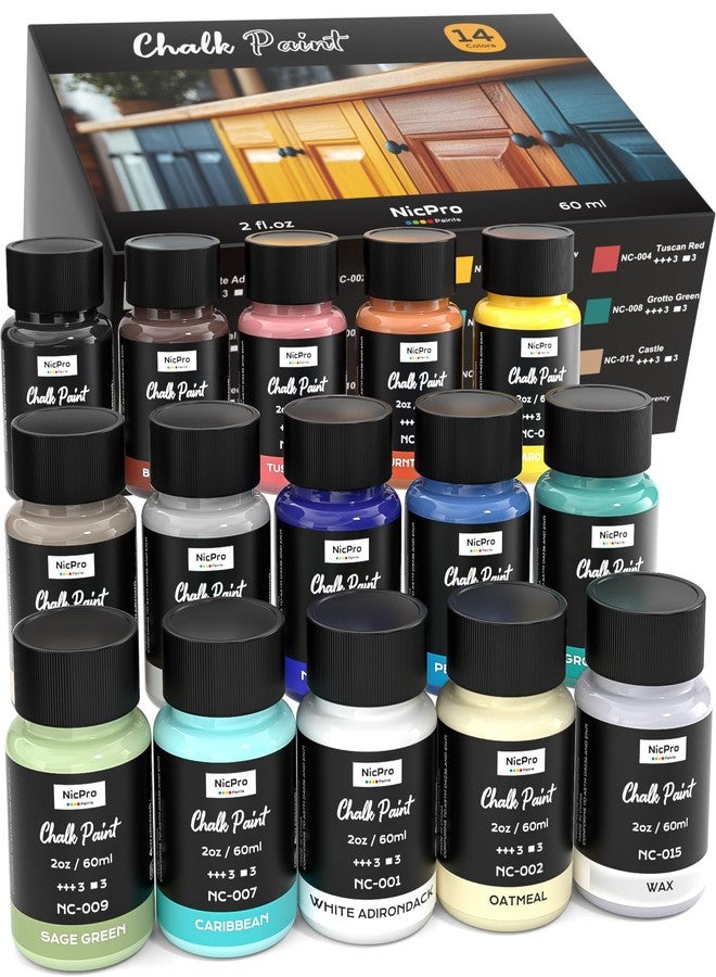 Nicpro 14 Colors Chalk Paint for Furniture, 2 fl oz (60ml) Ultra Matte Finish Acrylic Craft Paint, Non-Toxic Chalk Furniture Paints for Wood, Metal, Cabinets, Home Decor with Liquid Wax, Color Wheel - Image 1