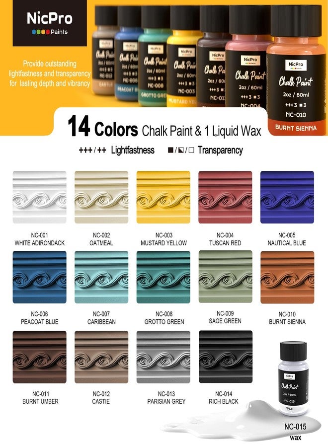 Nicpro 14 Colors Chalk Paint for Furniture, 2 fl oz (60ml) Ultra Matte Finish Acrylic Craft Paint, Non-Toxic Chalk Furniture Paints for Wood, Metal, Cabinets, Home Decor with Liquid Wax, Color Wheel - Image 2
