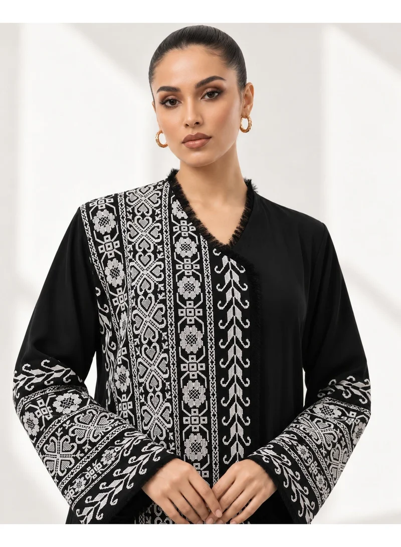 Aara Women's Black Abaya with White Geometric and Floral Embroidery, Decorative Cuffs, and V-Neckline