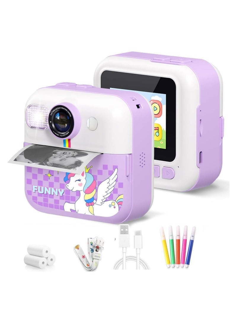 Generic Thermal Print Kids Camera | 1080P Video & Instant Selfie Printer | LED Flash & Wide-Angle Lens – Fun Gift for Boys & Girls - Purple  - Image 1