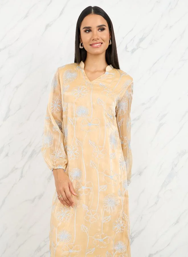 Take Two Floral Embroidered Notch Neck A-Line Midi Dress