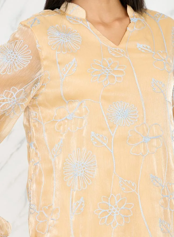 Take Two Floral Embroidered Notch Neck A-Line Midi Dress