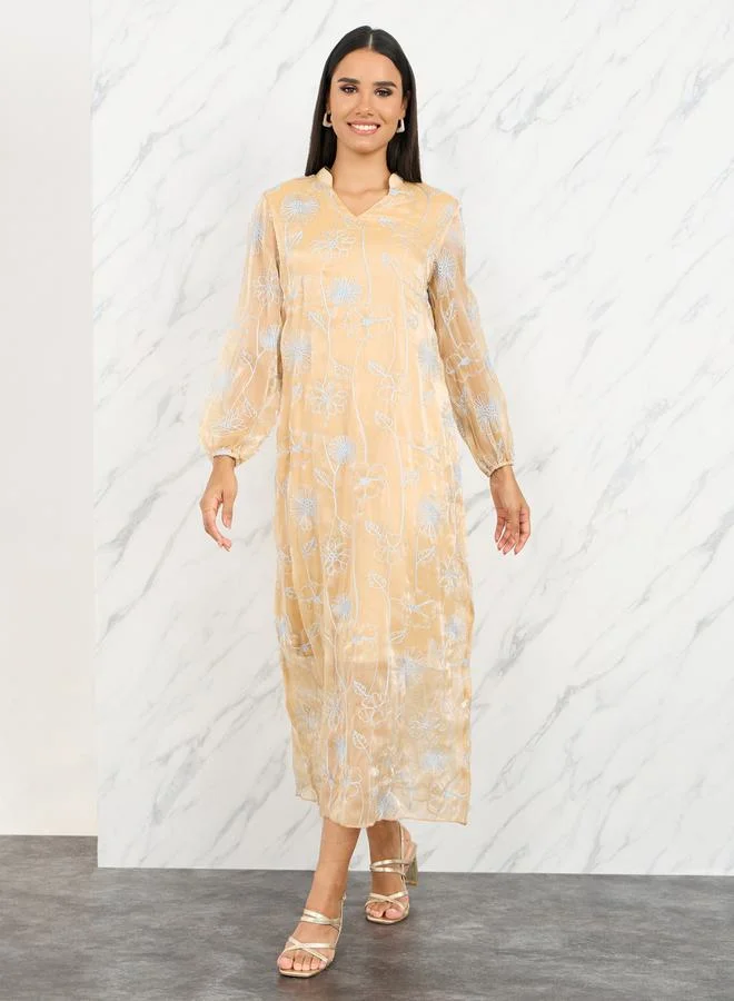 Take Two Floral Embroidered Notch Neck A-Line Midi Dress