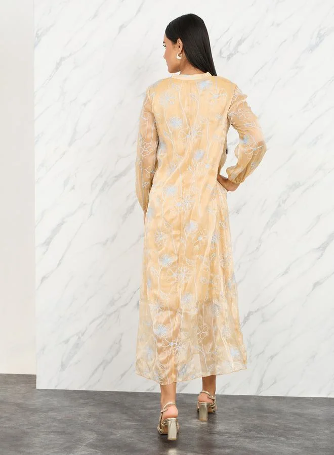 Take Two Floral Embroidered Notch Neck A-Line Midi Dress