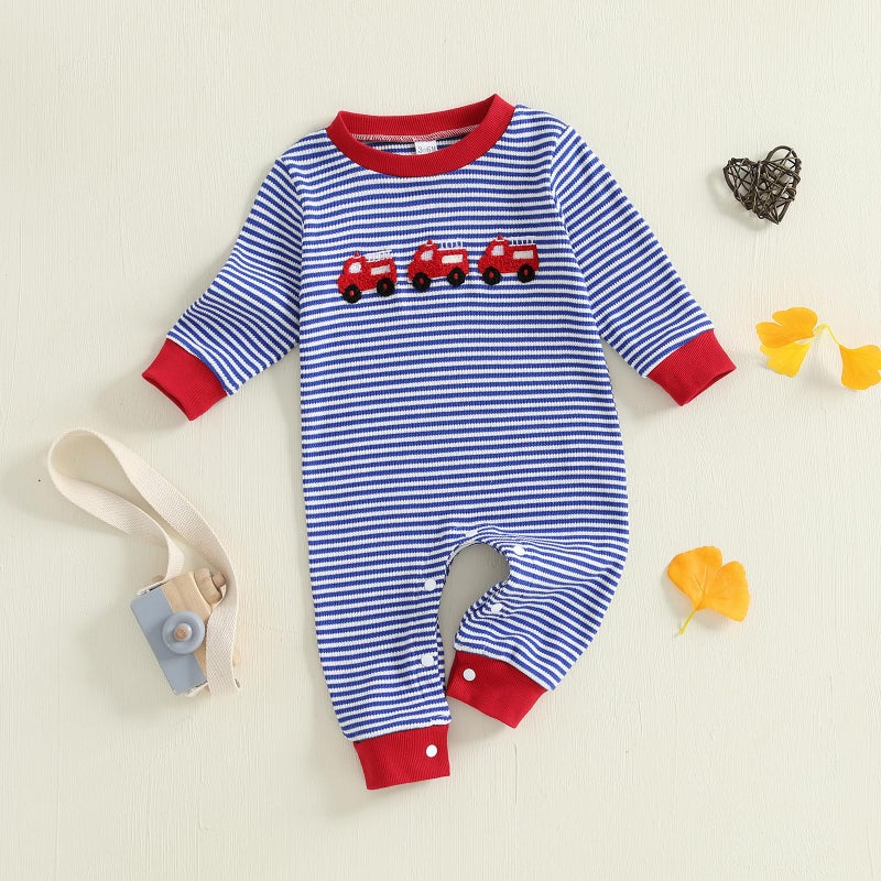 Mieeyali Newborn Baby Boy Clothes Fire Truck Jumpsuit Striped Waffle Knit Bubble Romper One Piece Fall Winter Outfits (Blue Car, 12-18 Months) - Image 4