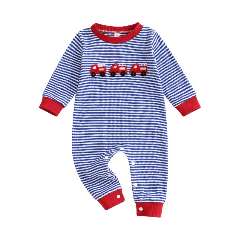 Mieeyali Newborn Baby Boy Clothes Fire Truck Jumpsuit Striped Waffle Knit Bubble Romper One Piece Fall Winter Outfits (Blue Car, 12-18 Months) - Image 1