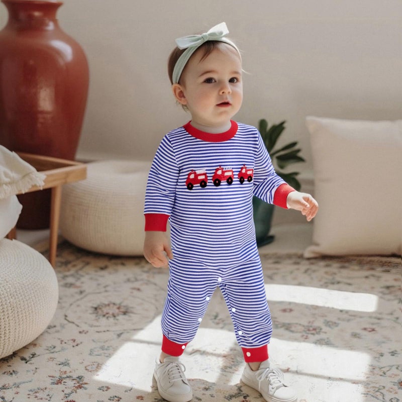 Mieeyali Newborn Baby Boy Clothes Fire Truck Jumpsuit Striped Waffle Knit Bubble Romper One Piece Fall Winter Outfits (Blue Car, 12-18 Months) - Image 2