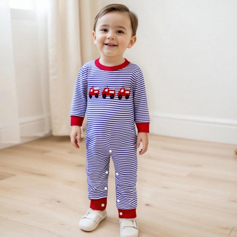 Mieeyali Newborn Baby Boy Clothes Fire Truck Jumpsuit Striped Waffle Knit Bubble Romper One Piece Fall Winter Outfits (Blue Car, 12-18 Months) - Image 3
