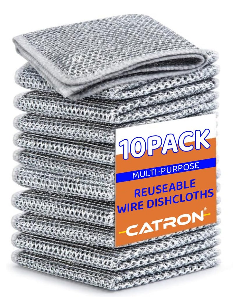 Catron Pack of 10 Multipurpose Wire Dishwashing Rags for Dry and Wet Stainless Steel Scrubber 2 Layer NonScratch Mesh Wire Dish Cleaning Scrubber Cloths or Washing Dishes Sink