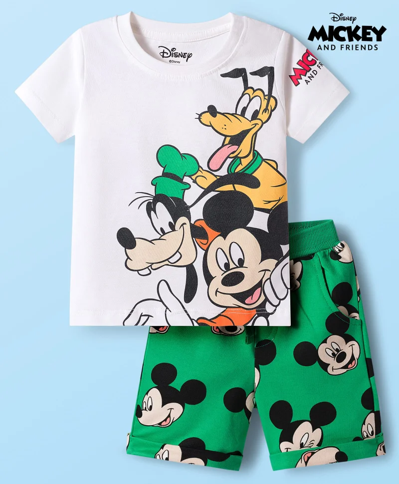 Babyhug Disney Babyhug Disney Single Jersey Knit Half Sleeves T-Shirt & Shorts Set with Mickey & Friends Graphic - Green & White