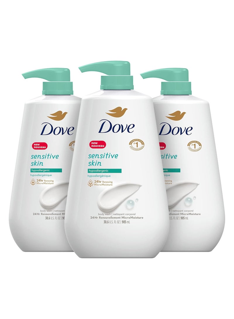 غسول الجسم دوف مع مضخة للبشرة الحساسة، 3 قطع، مضاد للحساسية، خالٍ من البارابين والكبريتات، خالٍ من القسوة، منظف مرطب للبشرة، يزيل البكتيريا بفعالية مع تغذية البشرة، 30.6 أونصة
