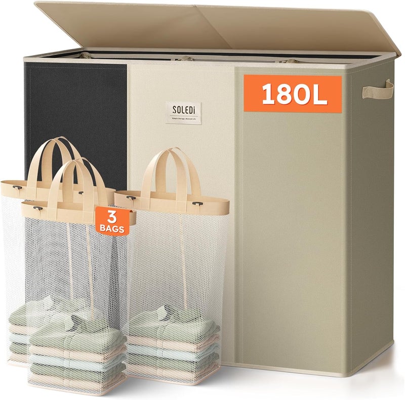 SOLEDI 180 L Laundry Basket, Laundry Hamper, 3 Compartments with Lid and 3 Laundry Bags, Laundry Sorter Large XXXL for Bathroom, Bedroom, Laundry Room, Children's Room, 3 x 60 L - Image 1