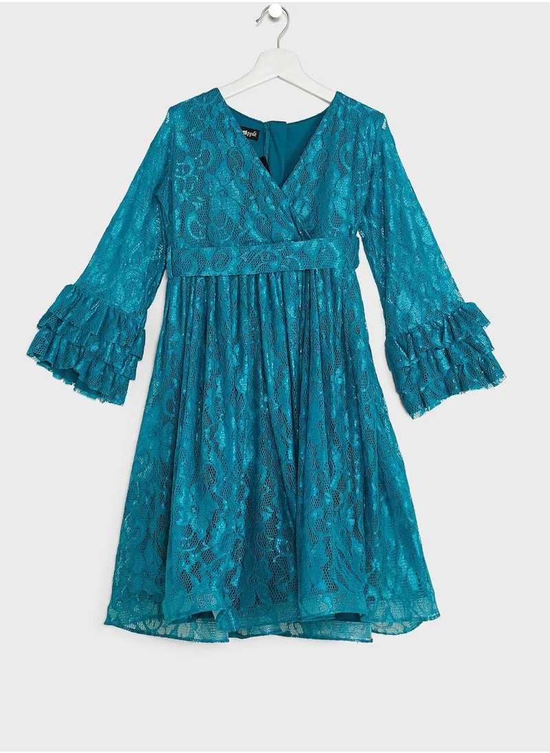 Little Golden Apple Kids Little Solid Lace V neck Dress