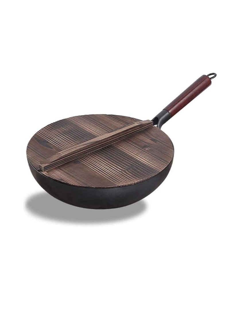 نو برانديد مقلاة ووك غير لاصقة شديدة التحمل من الحديد الصيني مع غطاء خشبي 32 سم