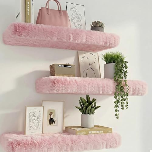 YMVV Furry Floating Shelves for Wall,2 Pack Wood Shelf with Plush Soft Shag Cover, Wall Mounted Shelves for Bedroom, Living Room, Suitable for Storing Valuable Collectibles, High Heels, Bags, Jewelry, Pink - Image 4