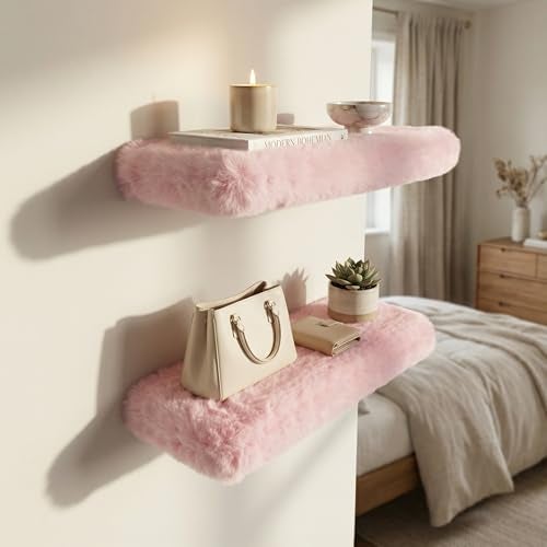YMVV Furry Floating Shelves for Wall,2 Pack Wood Shelf with Plush Soft Shag Cover, Wall Mounted Shelves for Bedroom, Living Room, Suitable for Storing Valuable Collectibles, High Heels, Bags, Jewelry, Pink - Image 2