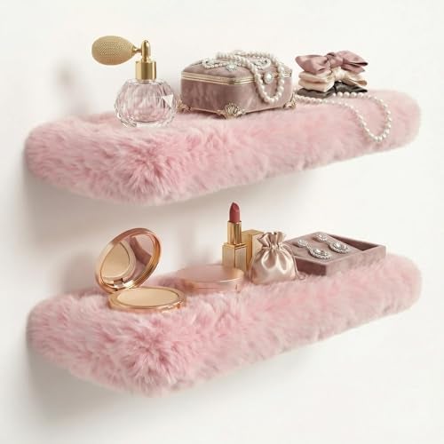 YMVV Furry Floating Shelves for Wall,2 Pack Wood Shelf with Plush Soft Shag Cover, Wall Mounted Shelves for Bedroom, Living Room, Suitable for Storing Valuable Collectibles, High Heels, Bags, Jewelry, Pink - Image 1