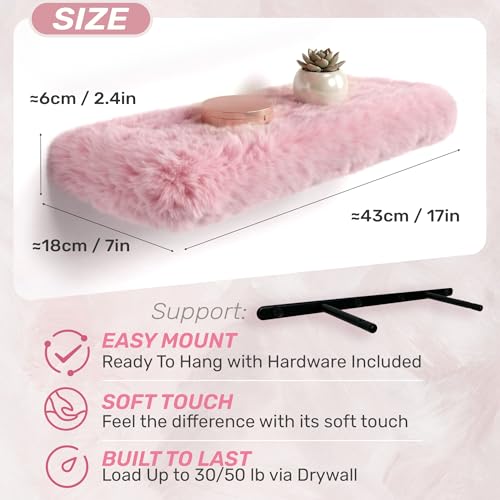 YMVV Furry Floating Shelves for Wall,2 Pack Wood Shelf with Plush Soft Shag Cover, Wall Mounted Shelves for Bedroom, Living Room, Suitable for Storing Valuable Collectibles, High Heels, Bags, Jewelry, Pink - Image 3